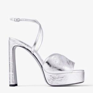 JIMMY CHOO Karli 125 Metallic Leather Platform Sandals - Silver 38